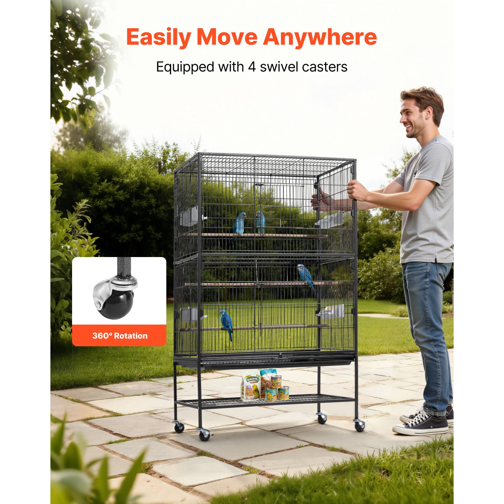 KFFKFF Bird Cage, 31.5 x 20.5 x 52 inch, Flat Top, Durable Wrought Iron Design with Perches, Removable Tray, Plastic Feeders, and Casters, Suitable for Parrot, Blue Tit, Cockatiel, Canary