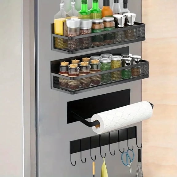 Hangfan refrigerator magnetic spice rack, 4-piece set of 100% metal strong magnetic rack, space saving spice storage rack, household kitchen and laundry storage rack, with tissue holder and hook.