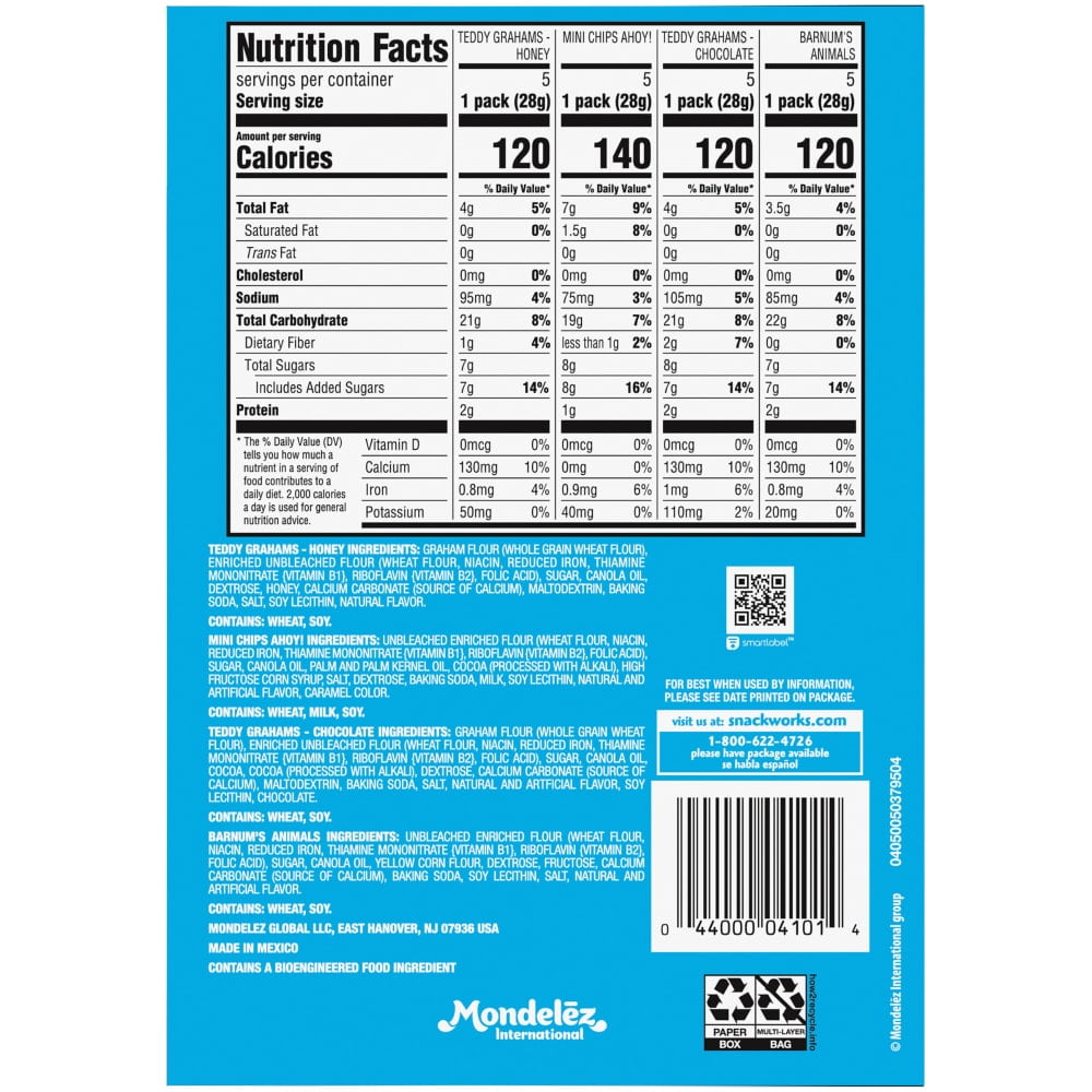 Nabisco Fun Shapes Barnums Animal Crackers Teddy Grahams & CHIPS AHOY! Cookies Variety Pack 20 ct / 1 oz - 5 Pack
