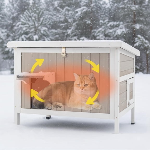 Petsblublu Insulated Outdoor Wooden Cat House Feral Cats Shelter for Winter, 34.4"x21.6"x25.6"