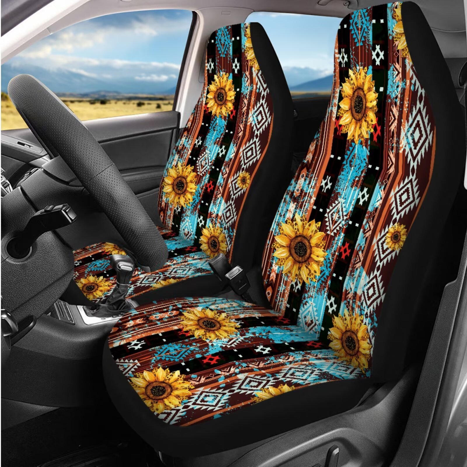 Yuyamidu Aztec Car Seat Covers Set with Steering Wheel Cover Seat Belt Covers Sunflower Car Armrest Cover Cushion Coasters Headrest Covers Cup Holders Keychain, 14 PCS