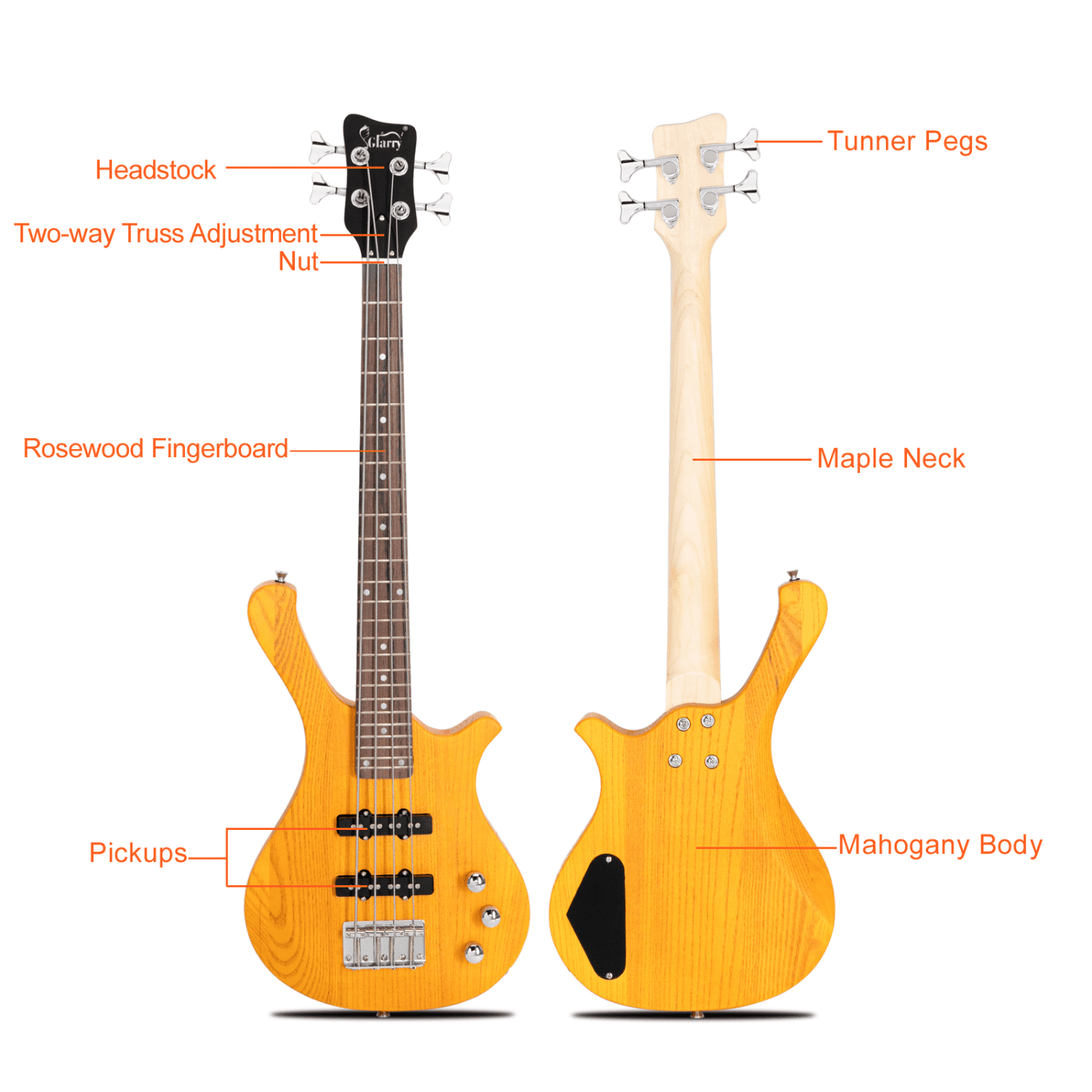 Hassch Electric Bass Guitar 4 Strings, Beginners Kit with Bag, Cable, Strap, Plectrums and Wrench Tool, Transparent Yellow