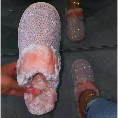 

New Fashion Women s Slippers Winter New Hedging Rhinestone Flat Home Slippers 35-43 Faux Fur Warm House Slippers Women