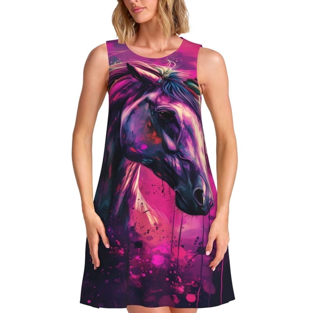 Easygdp Watercolor Painting White Horse para Vestido Transpirable de Mujer, Vestido Suelto de Manga Corta con Pliegues y Bolsillos para el Verano