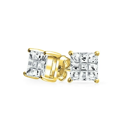 1.5 Ct Princess Cut (1.5CT Invisible Cut Square Princess CZ Checkboard Cubic Zirconia Stud Earrings 14K Gold Plated Sterling)