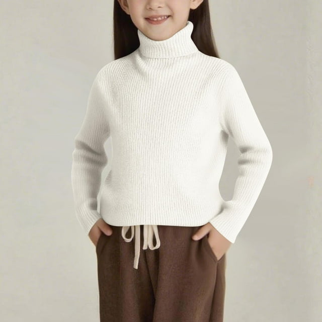 Kids' Solid Color Long Sleeve Knit Sweater Top - Soft Polyester Blend for Boys and Girls, Medium & Large Sizes