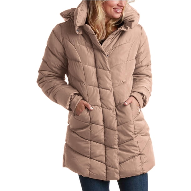 Chaqueta de abrigo Steve Madden, larga, con forma de V, acolchada, color canela