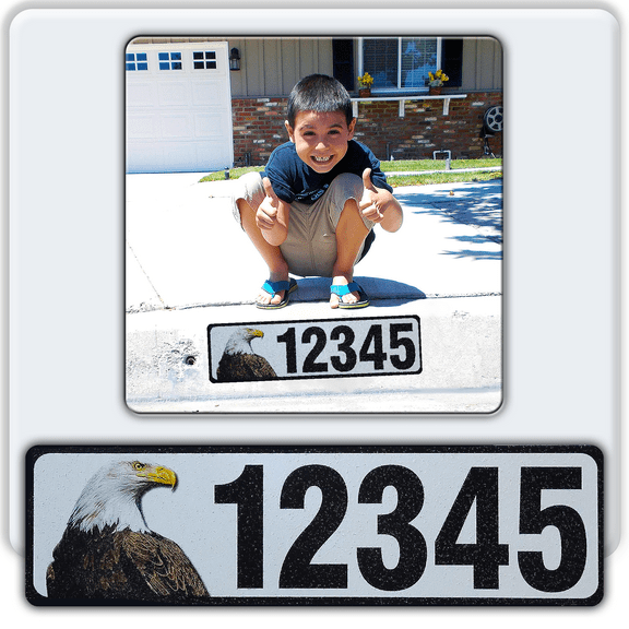 Curb-N-Sign®Curb Wrap® Address Sticker Decal, Customized Reflective Aluminum Curb Address Number for Front Doors, Windows, Curbs, or Walls with Animal Inserts, Letters (Small, Blad Eagle)