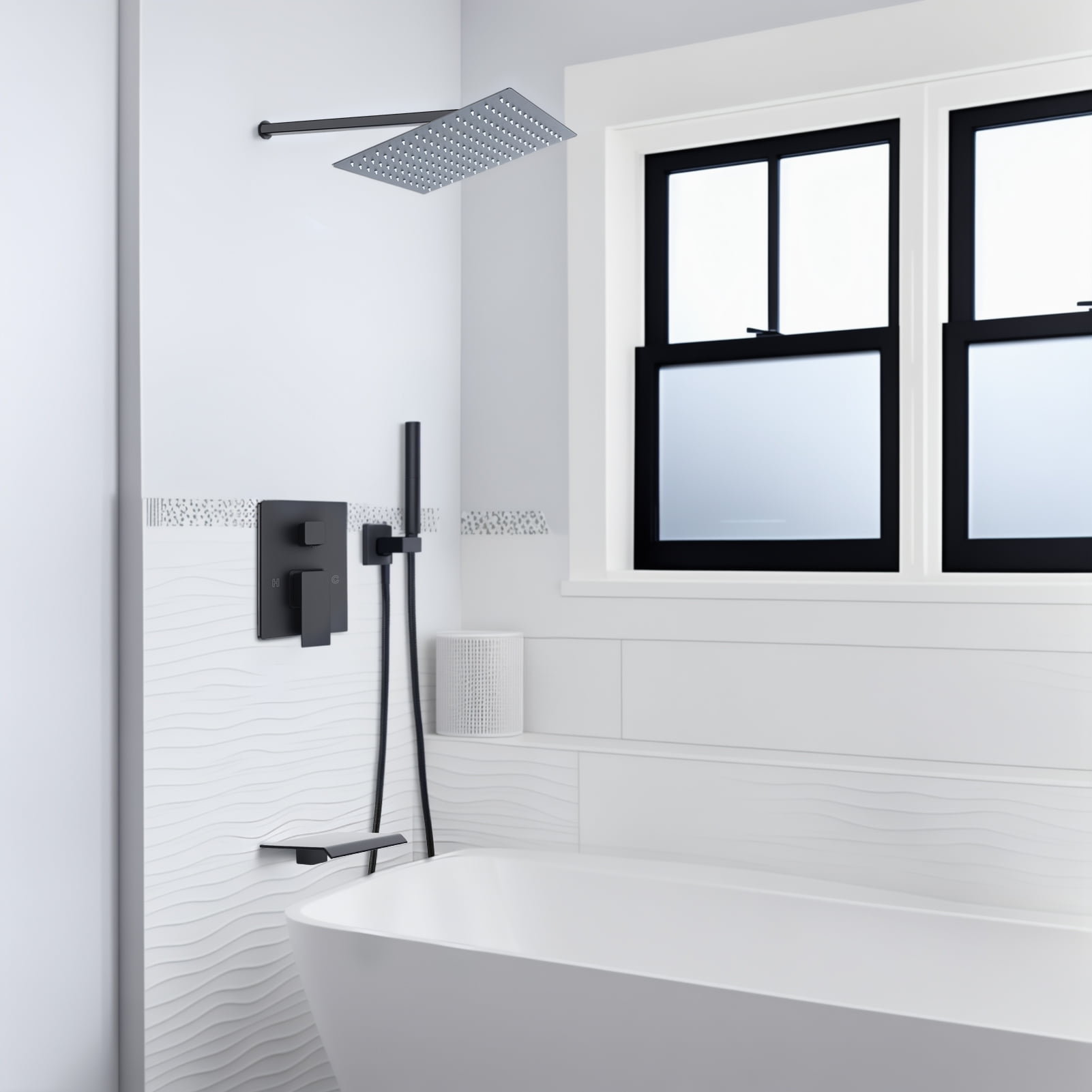 DJZ 12 Inch Large Shower Head Shower Panel Tower System Wall Mounted Rain Shower Faucet System Set with Handheld Rotary Sprayer Head,Changeable Flow Setting Brass Rough-In Valve