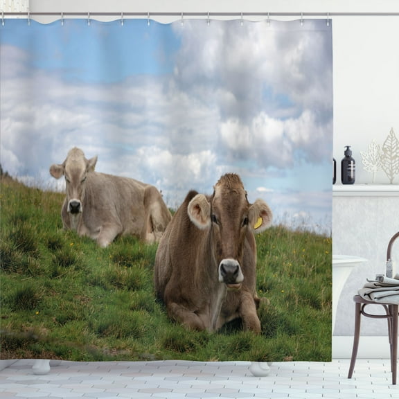 Ambesonne Farm Animal Shower Curtain, Resting Cows and Sky, 69"Wx70"L, Multicolor