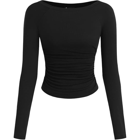 PRETTYGARDEN Long Sleeve Shirts for Women Fall Ruched Sides Boat Neck Basic Tee Casual Fitted Ribbed Knit Crop Tops