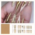 thumbnail image 5 of Uñas postizas largas de aguja con diamantes de imitación, purpurina dorada, acrílico brillante, juego reutilizable de 24 piezas., 5 of 5