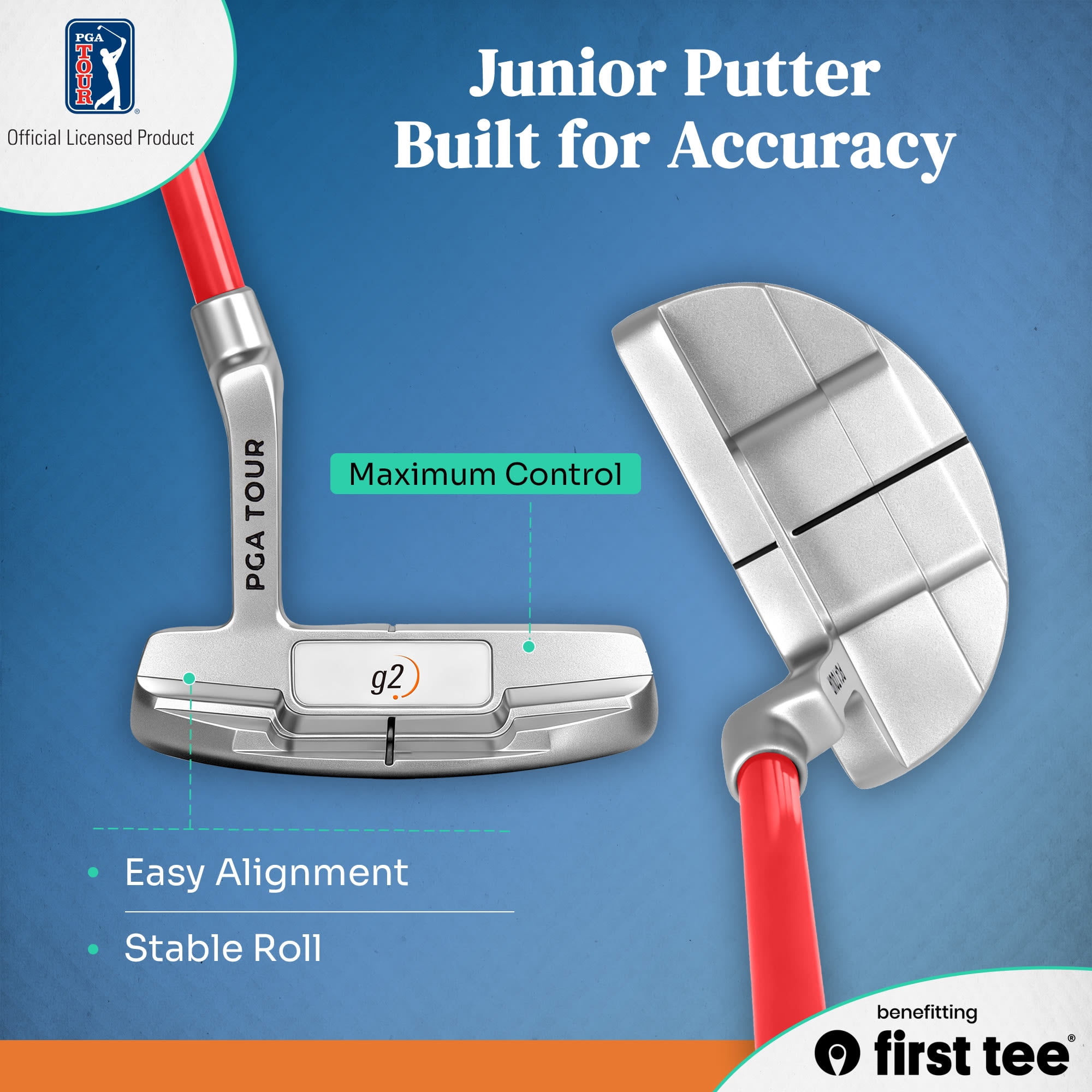PGA TOUR x First Tee Junior Golf Club Set with Stand Bag, 7-Piece, Right-Handed, Kids Heights 4'8" to 5'3", Red