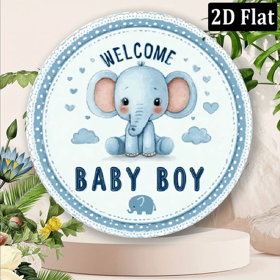 2D Flat, 1pc Welcome Baby Boy Round Aluminum Metal Sign - 8 Inch Wall-Mounted Nursery Decor with Cute Elephant Design, Light Blue White Polka Dots - Perfect for Baby Showers