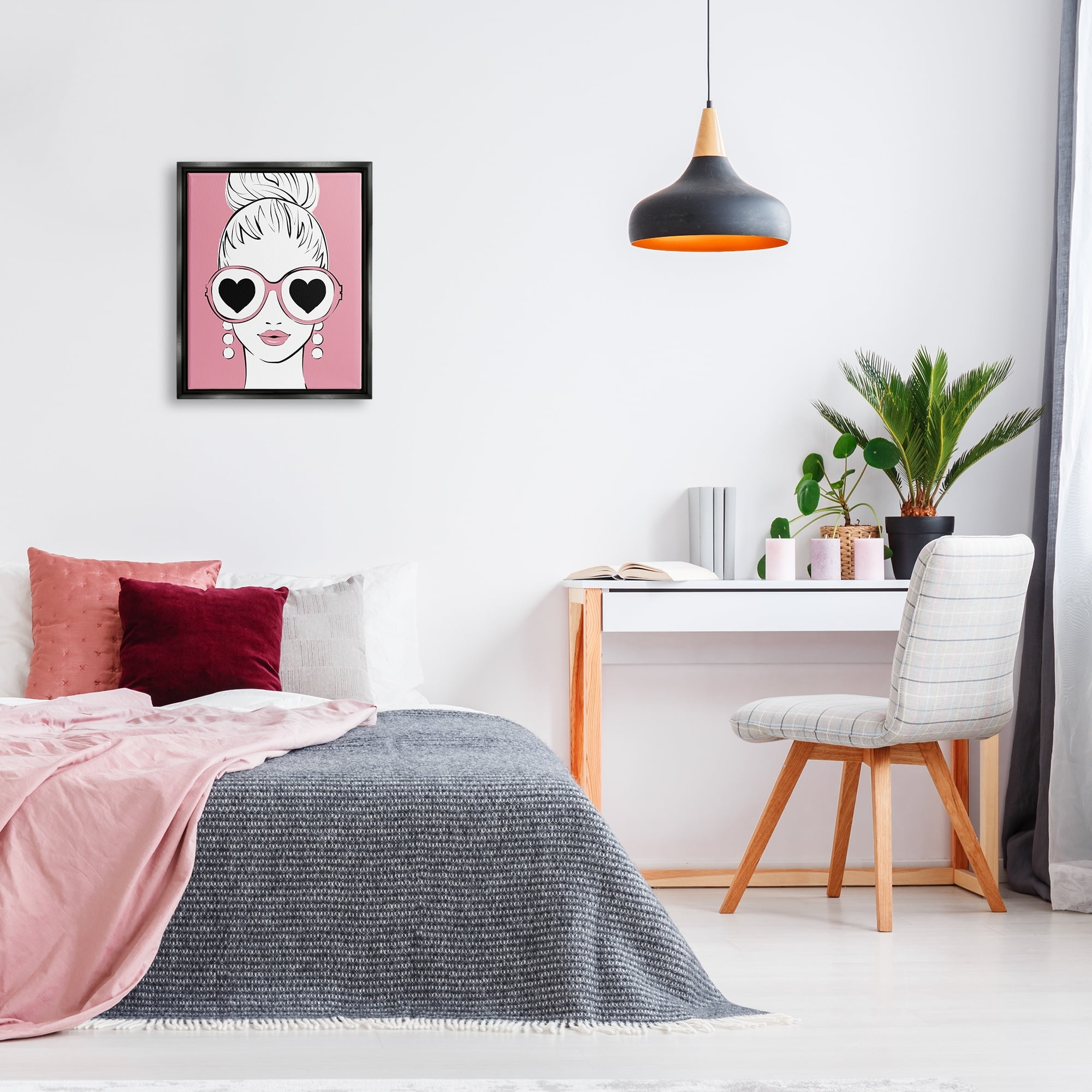 Stupell Industries Fashionable Woman Heart Sunglasses Pink Glam Drawing Graphic Art Metallic Gold Floating Framed Canvas Print Wall Art, Design by Martina Pavlova