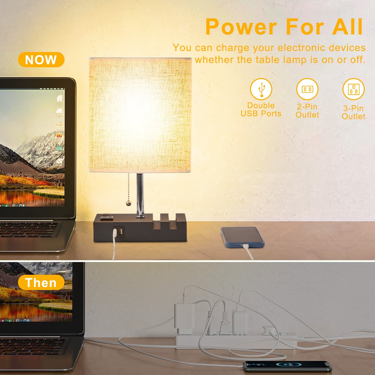 LOFTER-PRO Desk Lamp, Cordless Table Lamp for Bedroom, 3 Way Dimmable Table Lamps with Dual USB Charging Ports and AC Outlet, Bedside Lamps with 2 Phone Stands for Night Stands, Living Room, Office