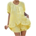 thumbnail image 2 of Maqroz Pajama Sets for Women 2 Piece Gingham Pajama Set Short Sleeve Top and Shorts Soft Cotton Sleepwear Plaid Pattern Nightwear Ruffle Detail Loungewear Cute Button Down Home Outfit for Summer, 2 of 7