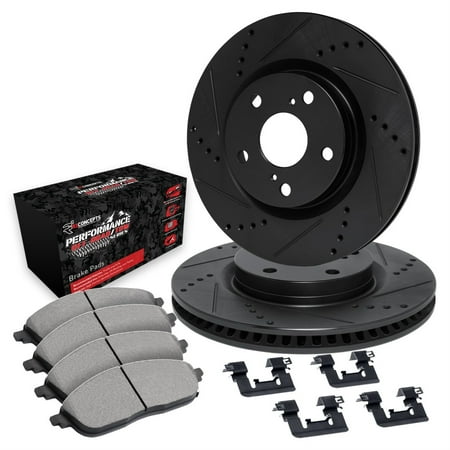 R1 Concepts Drilled and Slotted Black Disc Brake Rotor Set with Off-Road/Tow Brake Pads and Hardware WHVH1-66002