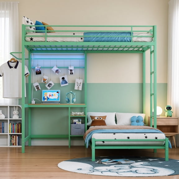 L-Shaped Twin Over Twin Metal Bunk Bed with Desk, Storage Shelves, Drawers & Ladder, Green