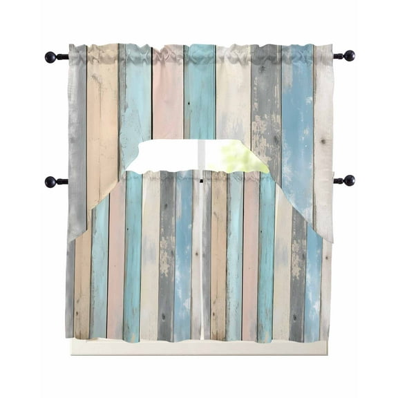 Blue Pink Cream Stripe Kitchen Curtains Swag Valance and Tier Curtains Set 36 Inch Length, Farmhouse Vintage Wooden Rod Pocket Drape Panels Pair Swag Curtain for Bathroom/Cafe/Window