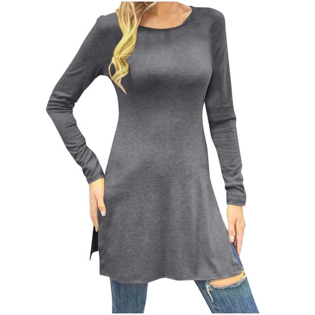 SROBPTY Longues Chandails à Manches pour Femmes, Mode pour Femmes à Manches Longues à Col Rond, Taille Pincée, Long Gris Foncé, TTG