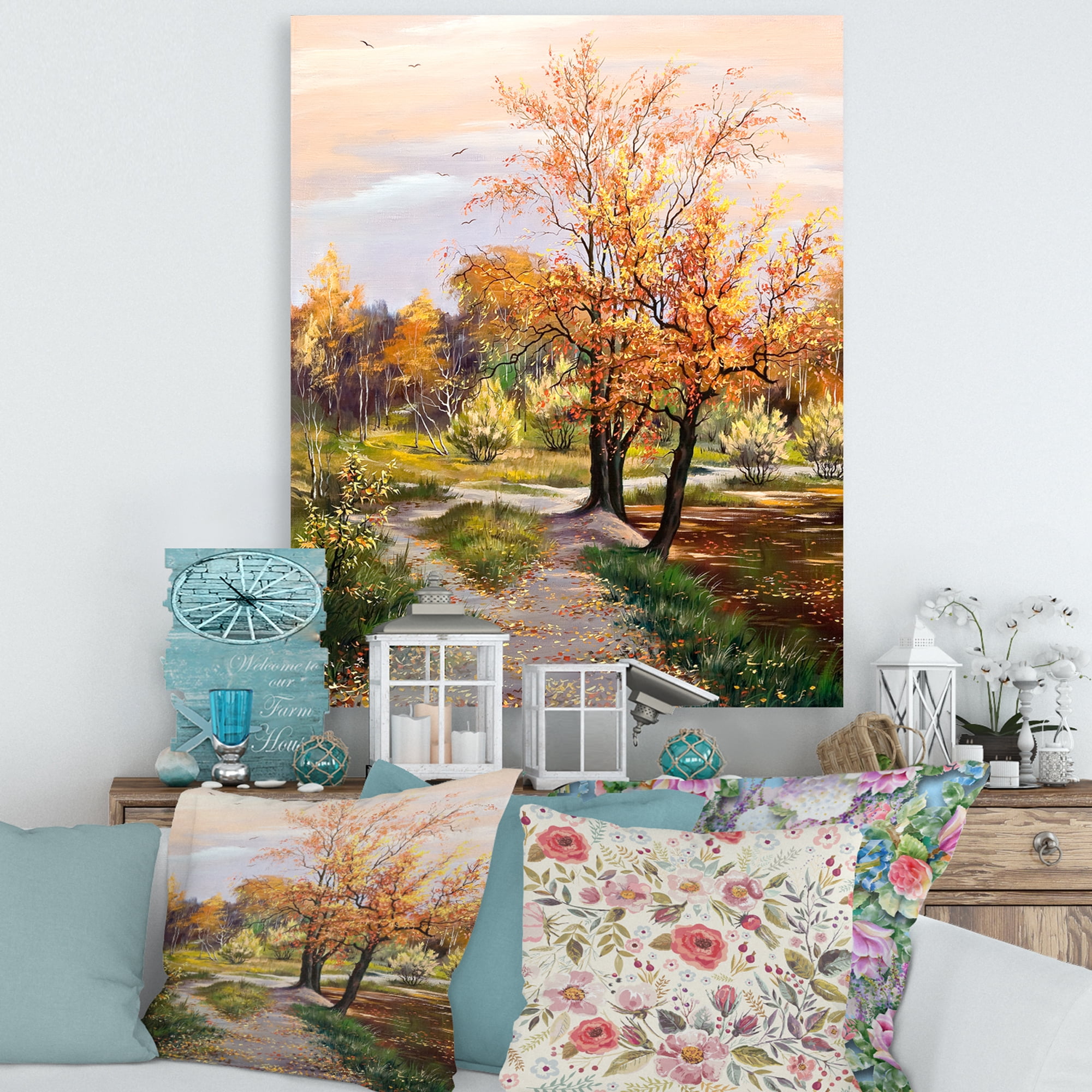 Designart ' The Orange Woods Along River ' Country Canvas Wall Art Print