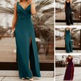 thumbnail image 1 of Femmes Banquet Robe Couleur Unie Plissée Sans Manches Profonde V Cou Haut Fendue Robe de Soirée Vêtements Féminins, 1 of 13