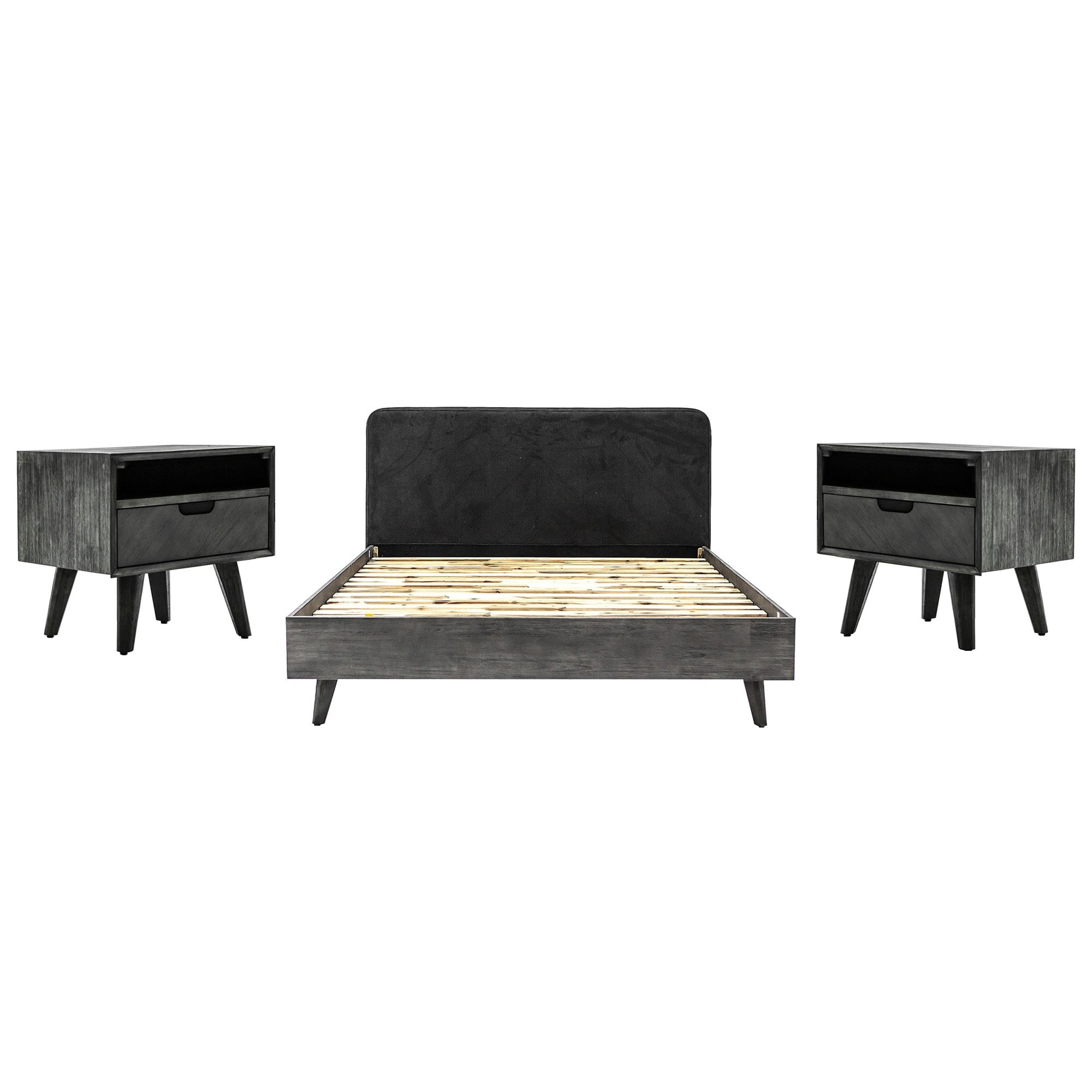 Wooden King Size Bedroom Set with Nightstand, Set of 3, Gray