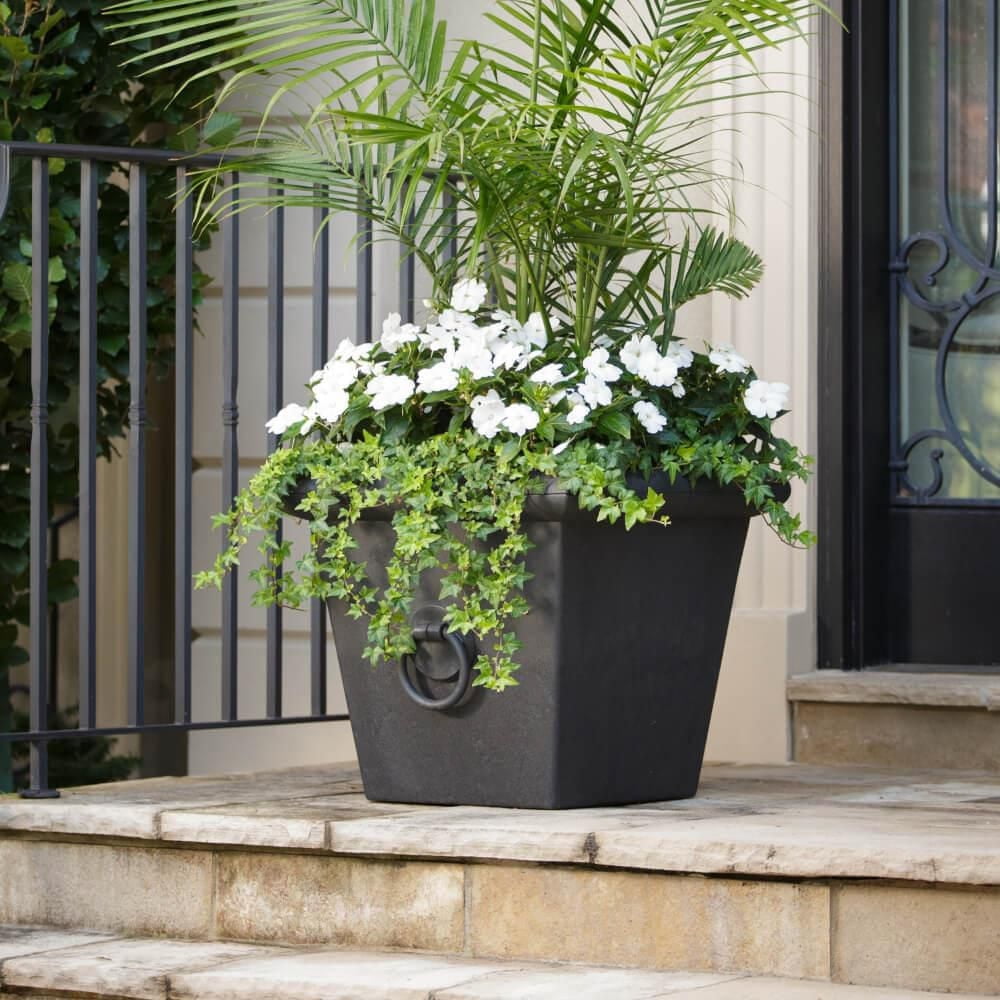 Tierra Verde 23in W x 20in H Piazza Large Square Statement Recycled Materials Self-Watering Indoor/Outdoor Planter Pot, Black