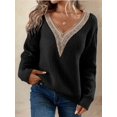 thumbnail image 6 of Womens Long Sleeve Sweaters Fall Trendy Lace V Neck Knit Drop Shoulder Pullover Sweater Jumper Tops Black XL, 6 of 9