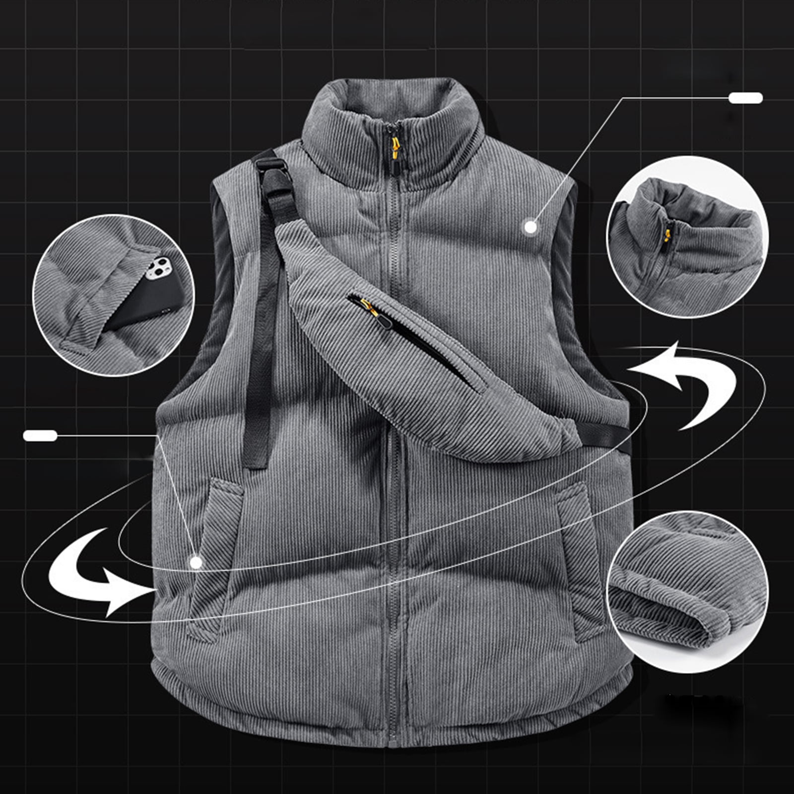 Men's Corduroy Packable Insulated Puffer Vest Outerwear Quilted Water-Resistant Windproof Vest Full Zipper Sleeveless Down Jacket with Pockets Winter Padded Casual Corduroy Jacket Outerwear,Black M
