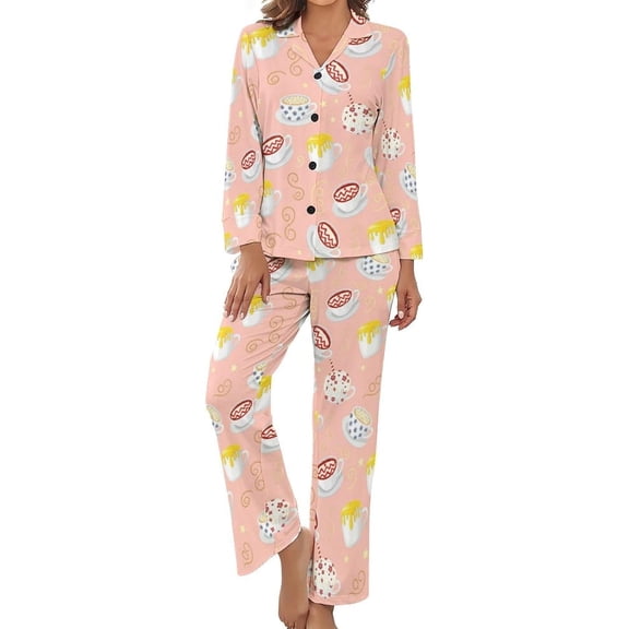 Top-kevin Cute Ghost Cherry Women's Long-Sleeve Shirt And Full-Length Bottom Pajama Set