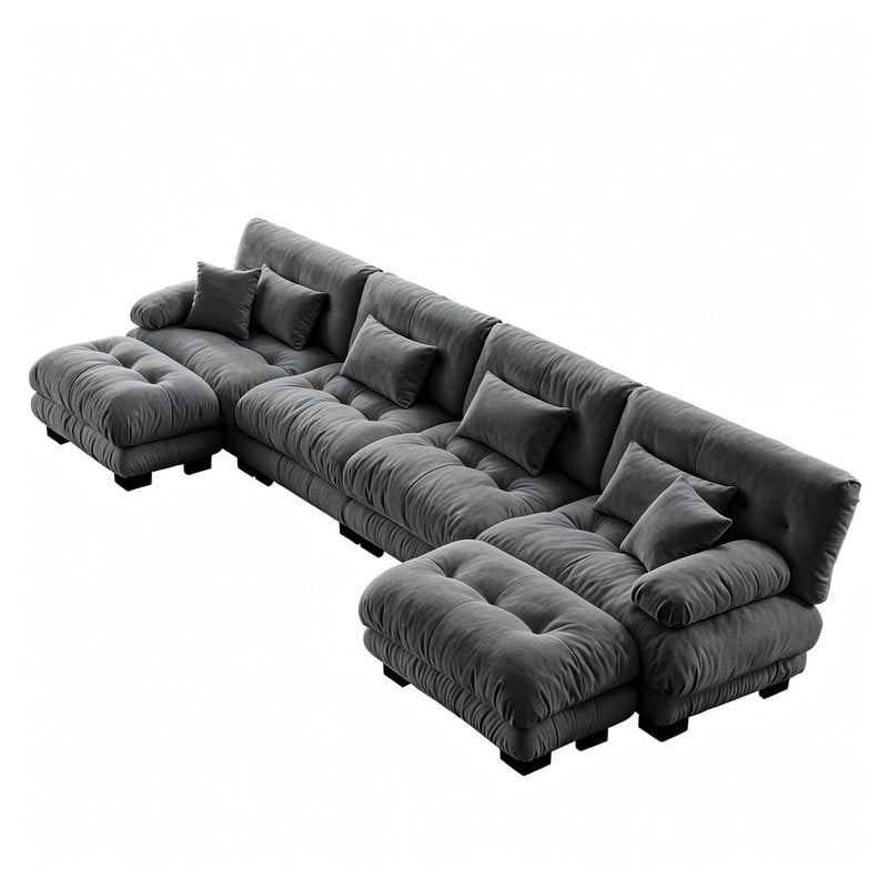 ANPPORT Cloud Couch Sleeper Sofa, Chenille Gray 4-Seater Modular Sofa with 2 Ottomans, 4 Lumbar pillows, 2 Pillows, Comfy Deep Seat Cloud Sofa, Convertible L-Shaped Floor Couch for Living Room