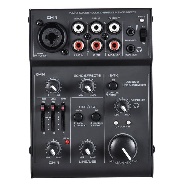 Mixer AGE03 Console de Mixage Mini Ligne Micro 5 Canaux avec Interface Audio USB Effet Echo Intégré Alimenté par USB pour Enregistrement DJ Diffusion en Direct Karaoké
