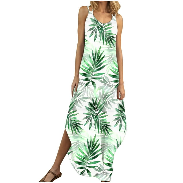 Staron Liquidation Robes pour Femmes 2025 Décontracté Été Sans Manches Boho Robe d'Été Printemps Col en V Floral Fendue Fluide Longue Tenues de Vacances Robe avec Poches TTG