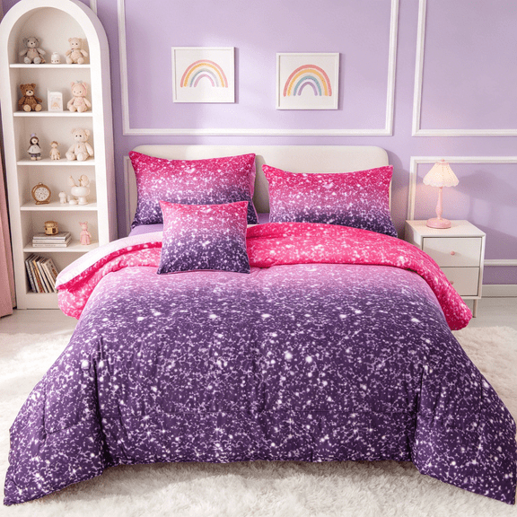 PERFEMET Purple Pink Twin Comforter Set 6 Pieces Glitter Star Printed Galaxy Bedding Set Soft Microfiber Bed in a Bag for Kids Girls (Purple,Twin)