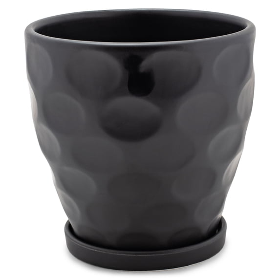 Napco Dimpled Matte Black 6 x 6.25 Inch Ceramic Flower Pot Planter with Saucer