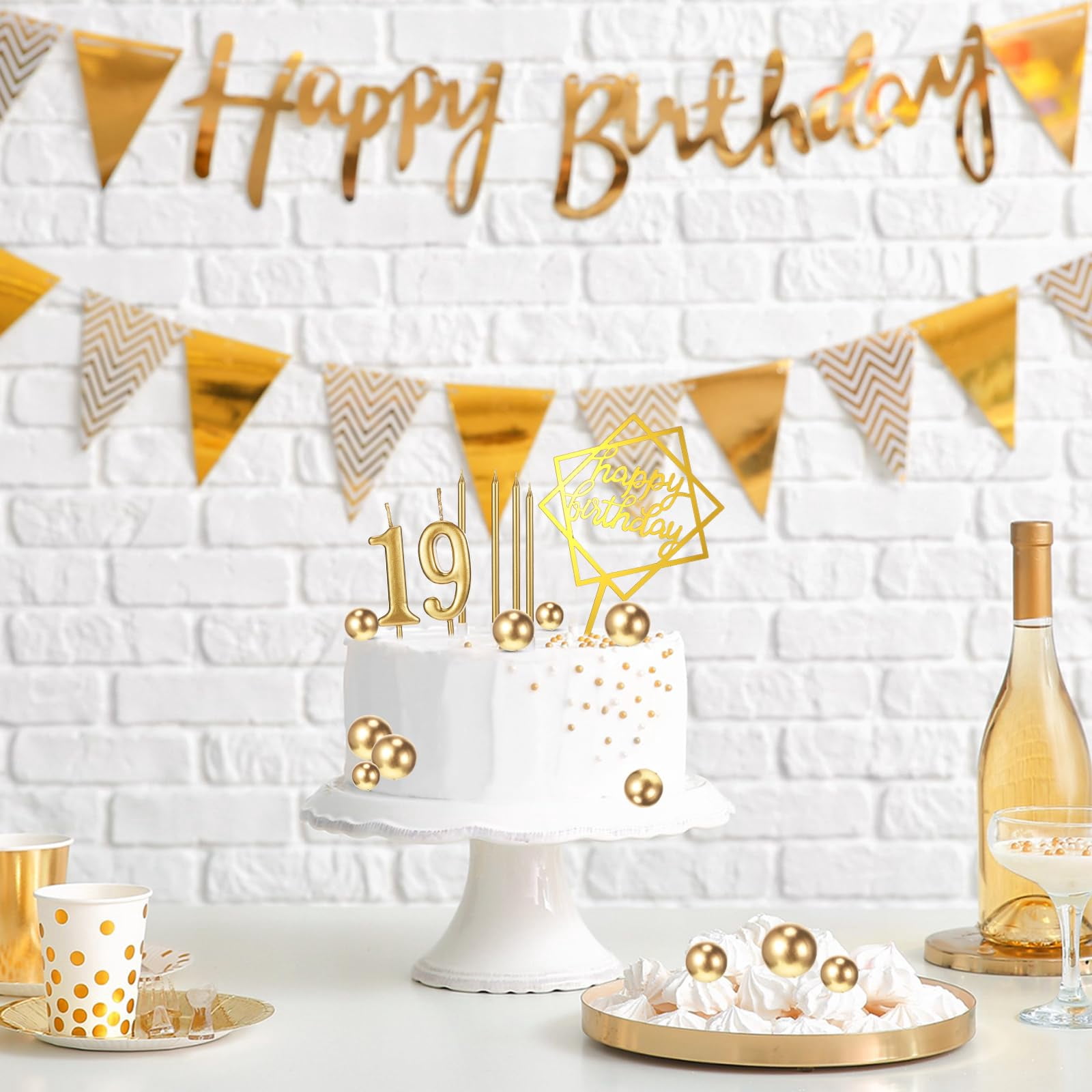 34 Pcs Happy Birthday Cake Toppers and Candles, DIY Cake Decorations for Men Women Wedding Anniversary Gold