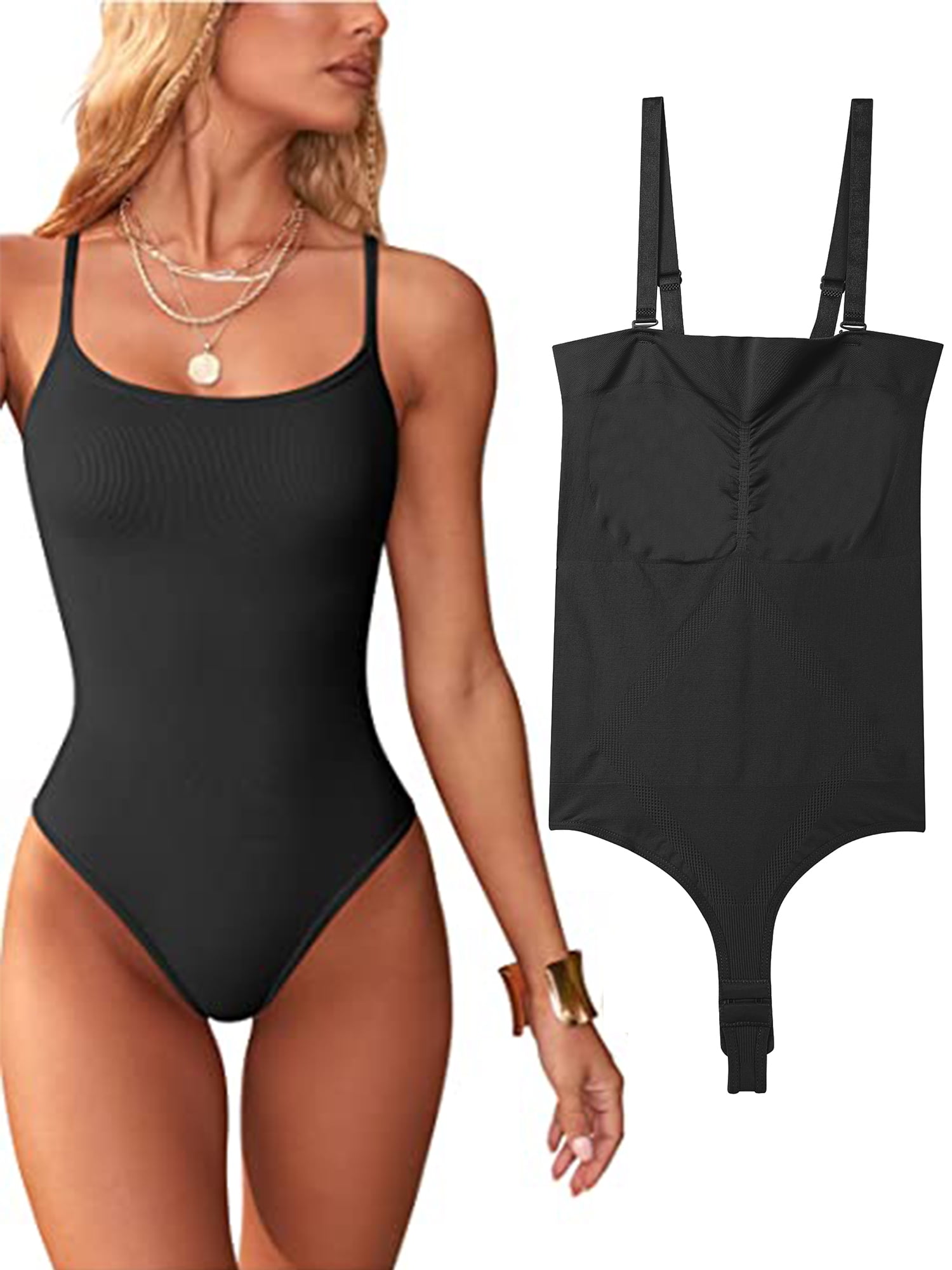 LELINTA Women's Bodysuits, Sexy Deep Square Neck Shiny Thong Bodysuit Tank  Tops Tummy Control Tops with Adjustable Spaghetti Strip