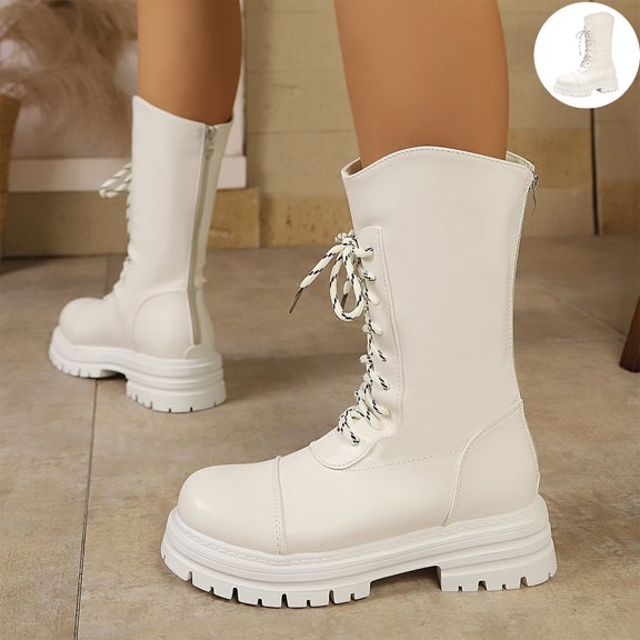 Willtoo Women's Mid Calf Platform Combat Boots, Round Toe Lace Up Chunky Lug Sole Boots, Non Slip Fashion Winter Boots