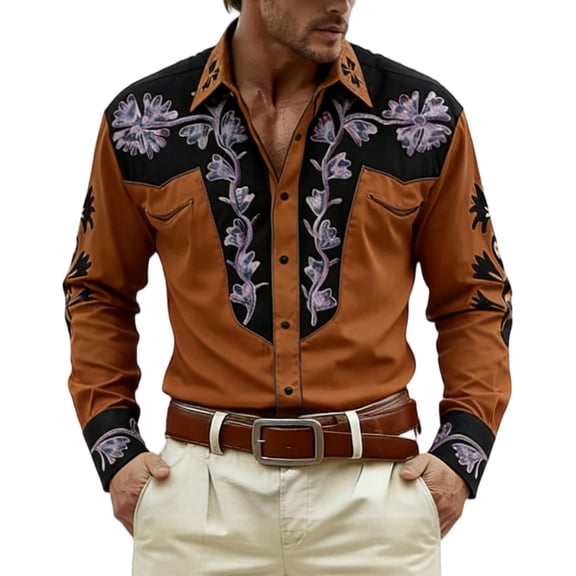 Mens Shirts Western Cowboys Print Long Sleeve Button Lapel Top Casual Carnival Classic Comfortable Shirt for Men Brown L