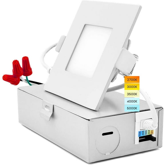 Luxrite 3 inch Square Ultra Thin LED Recessed Light with J-Box 8W 5 Color Selectable Dimmable 540 Lumens IC Rated