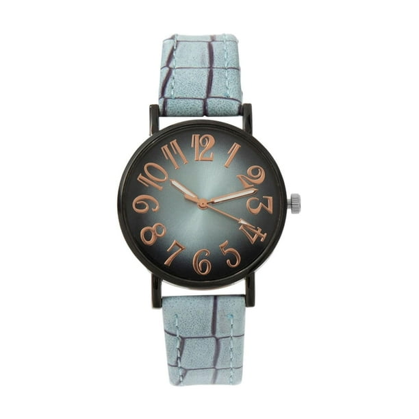 Reloj de pulsera para mujer, elegante, con correa de piel sintética, números arábigos sencillos, analógico, informal. Azul