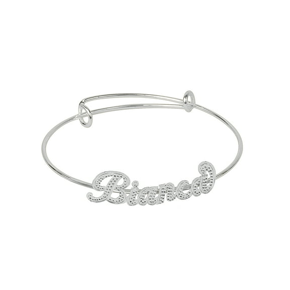 Personalized Adjustable Name Bangle Bracelet. With Beading and Rhodium