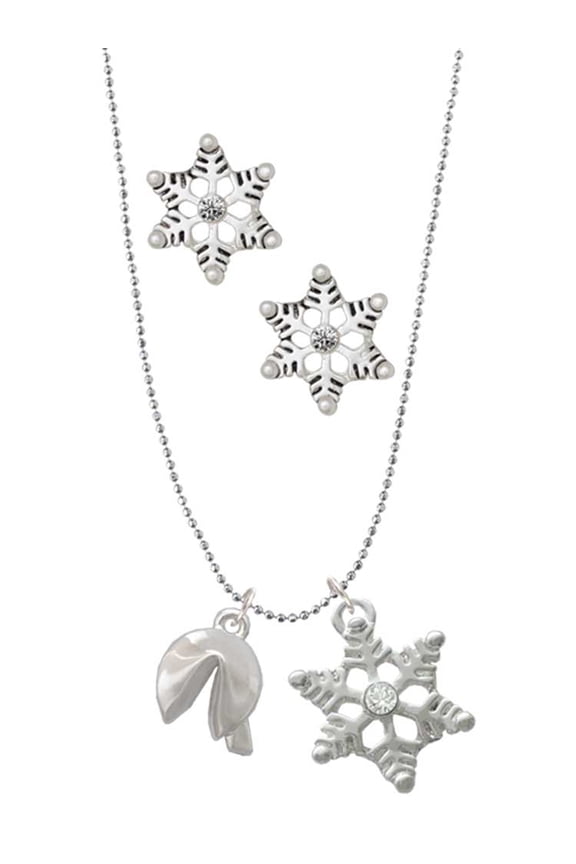 Silvertone 3-D Fortune Cookie Silver tone Snowflake Charm Necklace and Stud Earrings