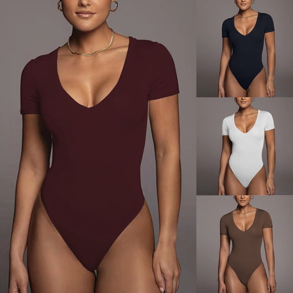 WMTBSRSW Women's Tummy Control Shapewear Bodysuit V Neck Seamless Body Shaper Short Sleeve Thong Body Suit Shirts Yoga Workout Jumpsuit