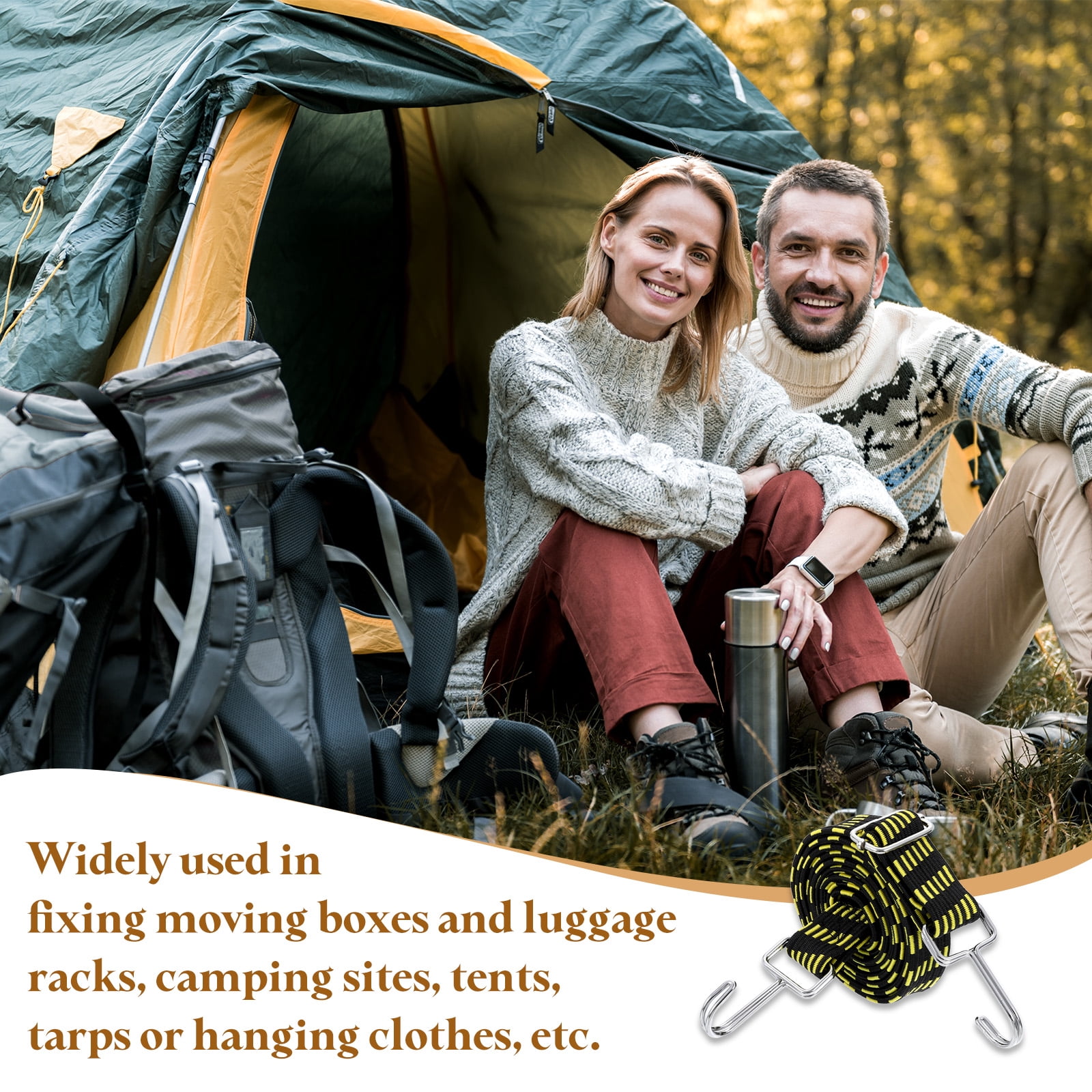 Uxcell 6 Pack Adjustable Bungee Cords with Hooks, 79 Inch Flat Heavy Duty Elasticity Straps Rubber Bungee Cords with Buckle for Outdoor, Camping, Tarp, Bike Rack, Luggage, Black Yellow
