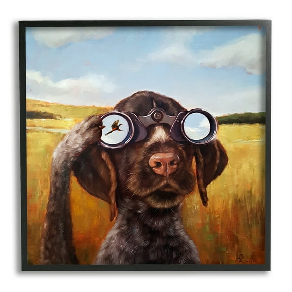 Stupell Industries Dog Watching Bird Binoculars Animals & Insects Painting Black Framed Art Print Wall Art, 12 x 12