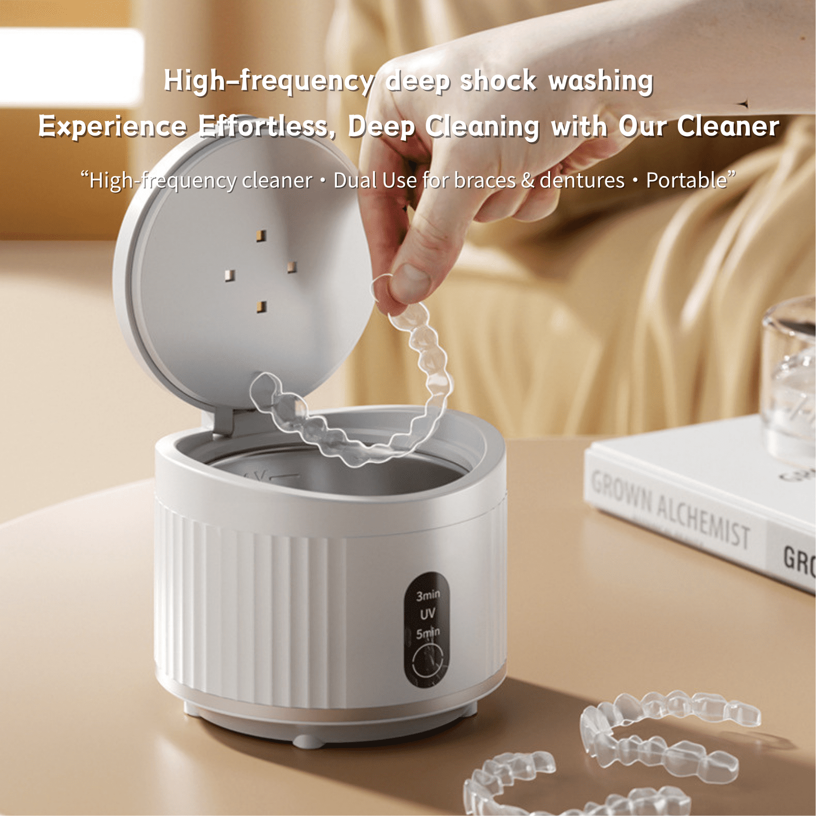 High-frequency Vibration Jewelry & Retainer Cleaner Machine, Multi-Speed & Timer, Portable Stainless Steel Design