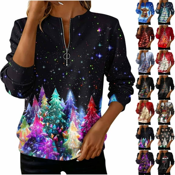 yoeyez Christmas Sweatshirt for Women Half Zip Up Sweatshirts Loose Round-Neck Xmas Tree Pullover Long Sleeve Holiday Gift Tops